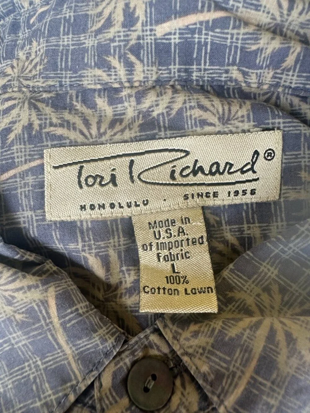 Tori Richard Men's Blue Brown Palm Coconut Tree Pattern Hawaiian Shirt Size Larg
